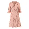 Comércio Exterior Transfronteiriço Roupas Femininas Primavera 2026 Estilo Europeu e Americano Vestido Estampado de Gola V Manga Longa Acinturado com Fenda para Mulheres G57721