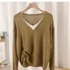 Jersey de Punto de Manga Larga con Cuello en V y Combinación de Colores Estilo Coreano, Falso Dos Piezas, Cordón Lateral, Ropa de Primavera y Otoño para Mujer, Blusa Holgada, Suéter
