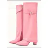 Botas femininas de comércio exterior transfronteiriço com bico fino, cano largo, fivela de metal reta, botas de comprimento médio, tamanho grande, salto grosso, botas femininas estilo calça