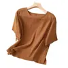 Sudeste Asiático Transfronteiriço Primavera e Verão Tamanho Grande Solto Elegante Casual Literário Retrô Algodão e Linho Gola Redonda Manga Média Camiseta Top