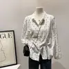 Paraguas de estilo japonés Mori girl con estampado de lunares, cárdigan de gasa de doble capa para mujer, camisa de manga larga, cuello en V de lunares, adelgazante