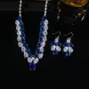 Conjunto Transfronteiriço de Gota d'Água Azul Espiga de Trigo Corrente de Clavícula Totalmente Diamantada Acessórios, Colar e Brincos Estilo Europeu e Americano, Joias com Zircônia Microincrustada