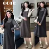 Ropa de Maternidad Otoño/Invierno Nuevo Estilo Conjunto de Punto Cuello Alto Capa Interior Cuello de Muñeca Peto de Lana Falda Cubre Vientre Adelgazante Conjunto de Dos Piezas