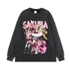 Nueva Camiseta de Anime de Manga Corta con Estampado Floral Vintage Desgastado de Personaje de Anime para Primavera y Otoño Manga Larga Transfronteriza