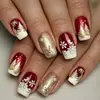 Pegatinas para uñas de temática navideña, de longitud media, estilo europeo, en color rojo, con diseño navideño y son removibles; viene en una caja de 24 piezas