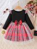 2026 Novo Vestido Princesa Patchwork de Manga Longa com Laço e Tela Xadrez para Crianças Tendência para Vendas Transfronteiriças de Comércio Exterior