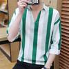 Camisa de verano con mangas de siete puntos para hombre, moderna, informal, ajustada, a cuadros, con rayas verticales, de seda helada