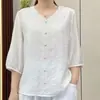 Top Casual Suelto de Moda para Mujer de Verano, Bordado Retro de Algodón y Lino, Cuello en V, Manga Media, Tallas Grandes para Mujeres de Mediana Edad