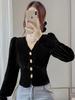 Elegante Camisa Francesa para Mujer Primavera Diseño de Alta Gama Top Corto de Terciopelo Dorado Manga Larga Cuello en V Camisa de Manga Abullonada