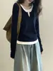 Camiseta de manga larga de dos piezas falsas de diseño vanguardista para mujer, moda Ins, versátil, tacto de alta gama, azul marino, top de algodón puro, otoño