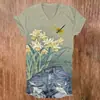 Blusas de manga corta para mujer transfronterizas, camisetas de cuello en V para mujer con diseño estilo chino y estampados florales, impresión 3D, disponibles para venta al por mayor a partir de una pieza