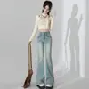 Calça Jeans Flare de Cintura Alta Azul Claro para Mulheres, Tendência Versátil 2025 Novo Estilo, Calça Pantalona Reta Slim-Fit Petite