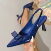 Sandalias Europeas Transfronterizas de Espalda Abierta, Zapatos de Tacón Alto Negros Sexy sin Cierre Puntiagudos para Mujer, Tacón Fino con Lazo, Zapatos de Punta Cerrada
