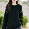 Suéter 100% Lã Pura para Mulheres, Outono e Inverno 2025, Gola Redonda em Cor Contrastante, Mangas Raglã Costuradas, Blusa de Base Fashion em Caxemira