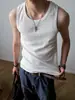 Camiseta sin mangas acanalada estilo americano para hombre, camiseta blanca sin mangas de verano, corte ajustado, chaleco deportivo elástico para fitness