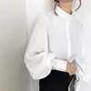 831 Suministro Cruzado 2025 Nuevo Estilo de Hong Kong Retro Cuello Alto de Pie de un Solo Botón Mangas de Linterna Elegantes Camisa Casual
