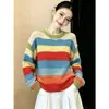 Suéter listrado colorido estilo coreano para mulheres, modelo novo, super estiloso, caimento solto casual, pulôver grosso
