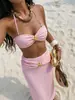 2026 Nuevo Bikini de Tubo Rosa Traje de Baño de Tres Piezas para Mujer con Tirantes Halter y Falda Larga de Cola de Pez para Vacaciones en la Playa Nadar