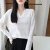Suéter de punto para mujer 100% lana pura con borde rizado y cuello en V, Nuevo diseño de jacquard hueco Otoño/Invierno Suéter de manga larga