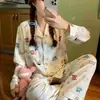 Nuevo conjunto de pijama de dos piezas para mujer estilo coreano de primavera y otoño, rayas blancas y negras vintage, cárdigan con cuello, manga larga, pantalón largo, conjunto casual para casa