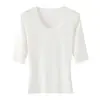 2338-2026 Estilo Nuevo Primavera/Verano Top Casual de Cuello en U Puro Deseo para Mujer, Camiseta Sexy Adelgazante de Manga Media Ajustada