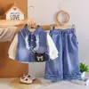 Conjunto de Roupa de Outono para Meninas Estiloso Bebê Primavera e Outono Colete Jeans com Renda Conjunto de Três Peças Roupa para Bebês e Crianças Dropshipping