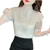 Camisa de Gasa de Manga Corta para Mujer 2024 Nueva Industria Pesada Bordado Cuello Alto Botón de Disco Top Chic Camisa Pequeña