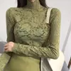Outono e Inverno Manga Longa Gola Alta Renda Escovada Versátil Camisa Base Nova Chegada Tendência Malha Vazada Manga Longa Top