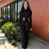 C7806 Transfronteiriço 2026 Novo Macacão Feminino Canelado Vazado de Manga Longa de Cintura Alta Flare Perna Larga Casual para o Dia a Dia
