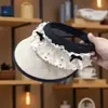 Sombrero de Paja Negro de Verano para Mujer con Ala de Goma, Moño de Encaje y Parte Superior Abierta, Protección UV, Sombrero de Sol para Vacaciones y Viajes