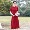 Vestido Cheongsam Melhorado da Mamãe Manga Curta 2025 Primavera e Verão Vestido Midi Retrô Branco Look Emagrecedor