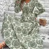 Vestido Versátil Feminino Amazon Moda Outono Decote V Mais Vendido no AliExpress com Barra Larga e Mangas Longas Estampadas