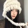 Gorro de mezcla de pelo de conejo para mujer, estilo otoño e invierno, engrosado para abrigar, gorro de punto, resistente al frío, cubreorejas, estiliza el rostro y cubre la cabeza