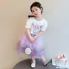 Conjunto de Dos Piezas para Niña de Verano Nuevo de Dibujos Animados de Sirena Camiseta de Manga Corta y Falda de Malla con Volantes Dulce de Princesa Moderno