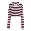 Para Comércio Exterior Transfronteiriço Europeu e Americano Roupas Femininas Aliexpress Mais Vendidas de Verão Slim Fit Versátil Camiseta Listrada Marrom e Branca Manga Curta Longa