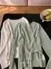Blusa de Linho Fina Vazada com Amarração na Cintura, Estilo Relaxado, Proteção Solar, Tricô Fino de Manga Longa Emagrecedor