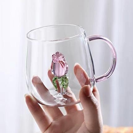 ins立体造型玻璃杯,透明单层玻璃杯,玫瑰花果汁杯,家用带把饮品杯