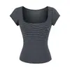 Blusa Casual Slim Fit de Primavera e Verão, Camiseta Básica Slimming de Ombro Normal, Camiseta de Manga Curta Levemente Transparente em Tencel com Gola U Grande para Mulheres