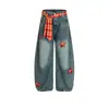 Cinto Jeans Patchwork Bordado Estrela Retro Americano para Homens e Mulheres, Calça Reta de Perna Larga Loose-Fitting Couple's