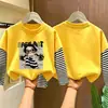 Camiseta de algodão puro de manga longa para meninas, estilo primavera e outono, corte solto, blusa base estilo duas peças falsas, gola redonda estilosa para meninas