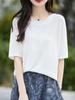 2025 Nuevo Verano Seda Tencel Cuello Redondo Tejido de Punto Camiseta Manga Tres Cuartos Suéter Texturizado Camiseta Básica para Mujer