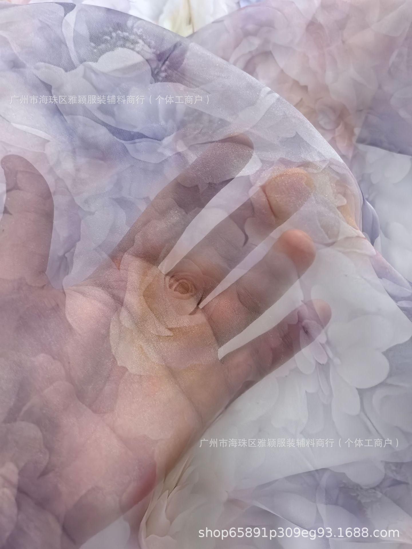 新品欧根纱朦胧感印花面料原创型超薄透气现货货款