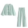 Roupa Europeia e Americana Nova Camisa de Manga Longa com Gola Redonda e Cadarço de Listras + Conjunto de Calças Casuais Slim de Cintura Alta com Cadarço de Listras