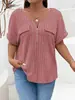 2026 Amazon Primavera/Verão Novo Top Feminino Cor Sólida Tamanho Grande Zíper Manga Curta Bolso Falso Pulôver Camiseta Caimento Solto