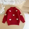 Suéter Vermelho com Coração para Meninas Ano Novo Doce Outono Inverno Roupa de Bebê Aconchegante e Quente Suéter de Tricô Infantil Camada Base
