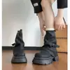 Botas de montar de cuero retro británico de tacón grueso estilo coreano, de caña corta, con suelas gruesas plisadas, botas elegantes de caña media con puntera redonda y hebilla apilada para mujer