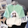 Camiseta de Verano con Degradado para Niñas, Manga Corta Infantil, Nueva Estampada Holgada Estilo Coreano Versátil Moderna para Niños Mayores