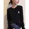 Camiseta de manga larga acanalada de algodón puro para mujer, nueva moda 2026, top base versátil y simple en color azul marino para otoño