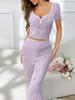 Pijama Transfronteiriça Amazon Europeia e Americana de Manga Curta com Decote em V Estampa Floral Pequena Calça Cenoura com Babado Roupa de Casa Conjunto Mulher