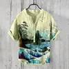 Camisa de Manga Corta con Cuello en V de 3 Botones, Estampado Digital, Paisaje de Carpas 3D Digital con Transferencia de Calor, Transfronteriza Europea y Americana 2024